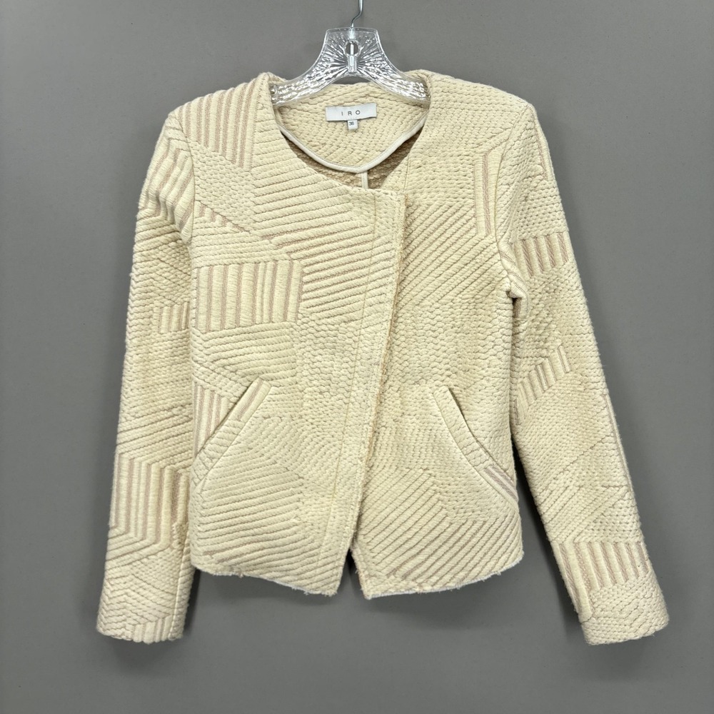 IRO Jacket Womens‎ 36 White Mepsie Textured Tweed Moto Zip Geometric Collarless